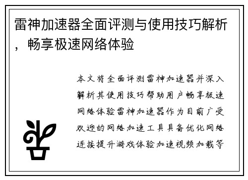 雷神加速器全面评测与使用技巧解析，畅享极速网络体验